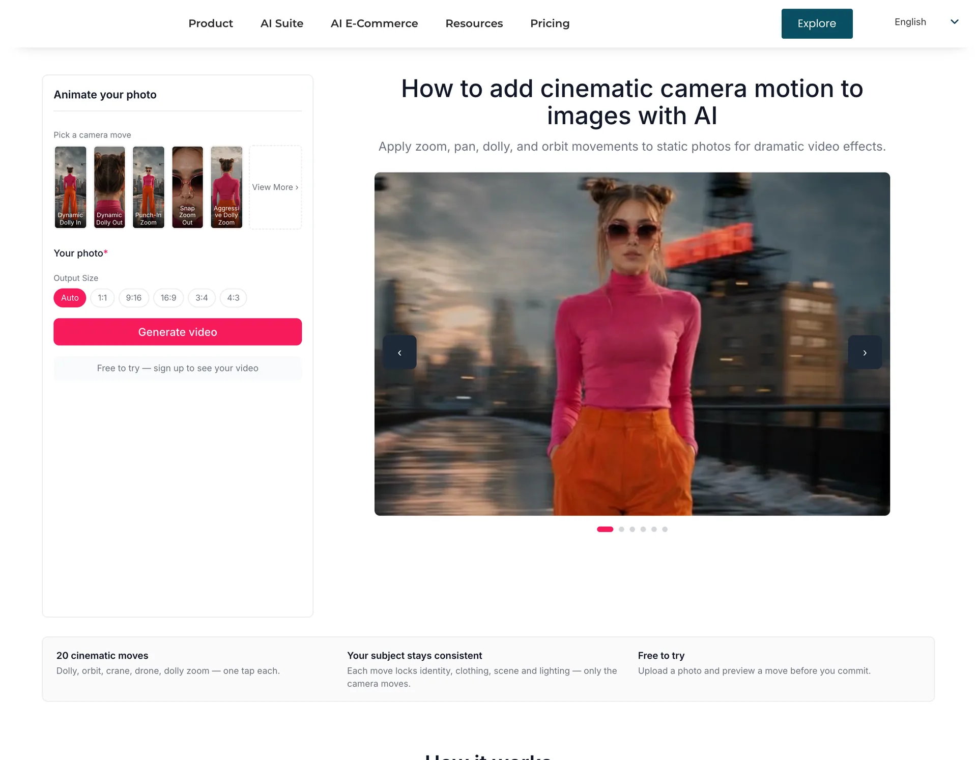 Ima Studio AI Camera Movement page applying cinematic camera moves to a photo