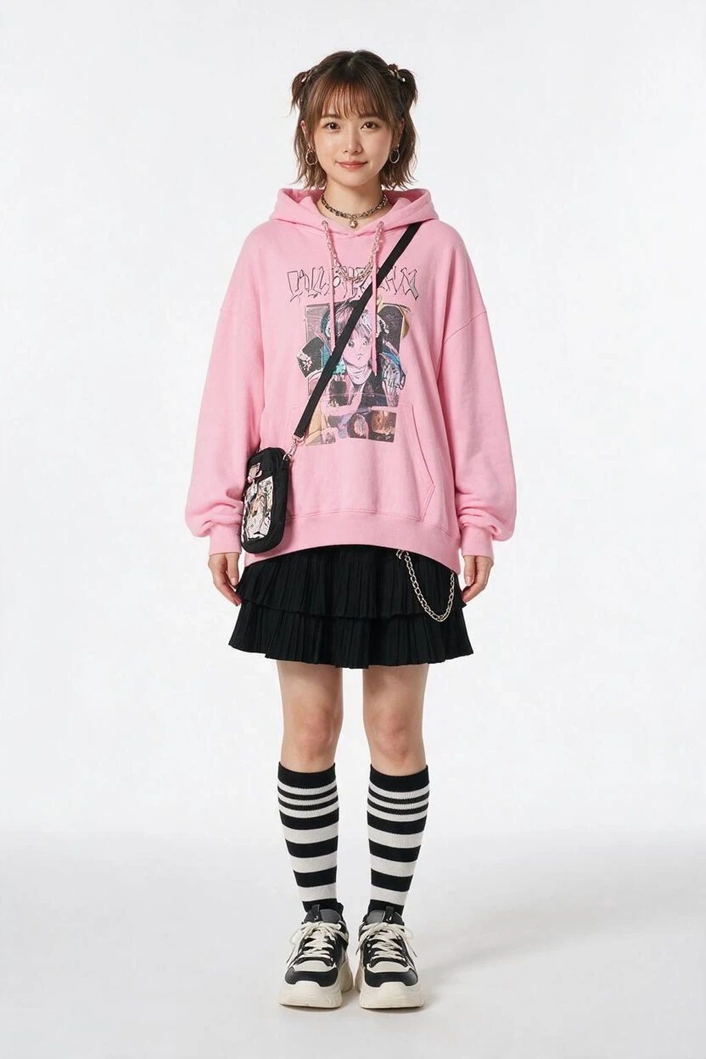 Komplettes Outfit mit pinkfarbenem Hoodie, schwarzem Rock, Tasche, Schmuck, Ringelsocken und Plateau-Sneakers.