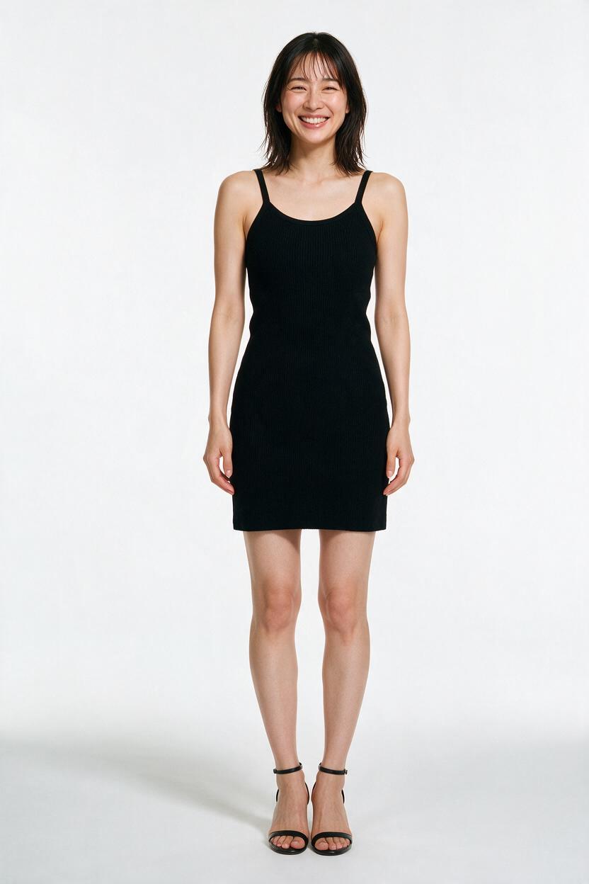 Referenzbild eines erwachsenen Models vor weißem Studiohintergrund, das ein schwarzes Kleid und schwarze High Heels trägt.