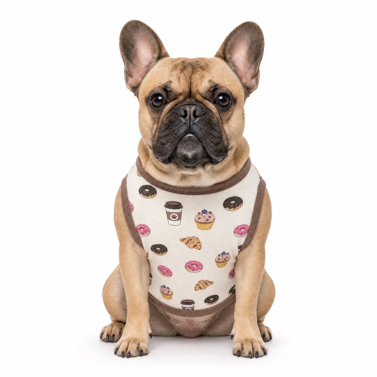 KI-generierte Französische Bulldogge sitzt auf weißem Hintergrund und trägt eine cremefarbene Weste mit Café-Print und braunem Besatz.