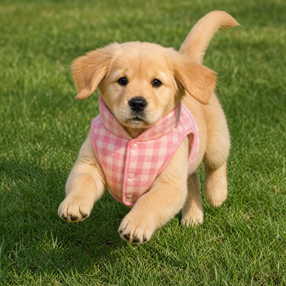 Derselbe KI-generierte Golden-Retriever-Welpe, der in einer rosa karierten Weste über grünes Gras rennt.