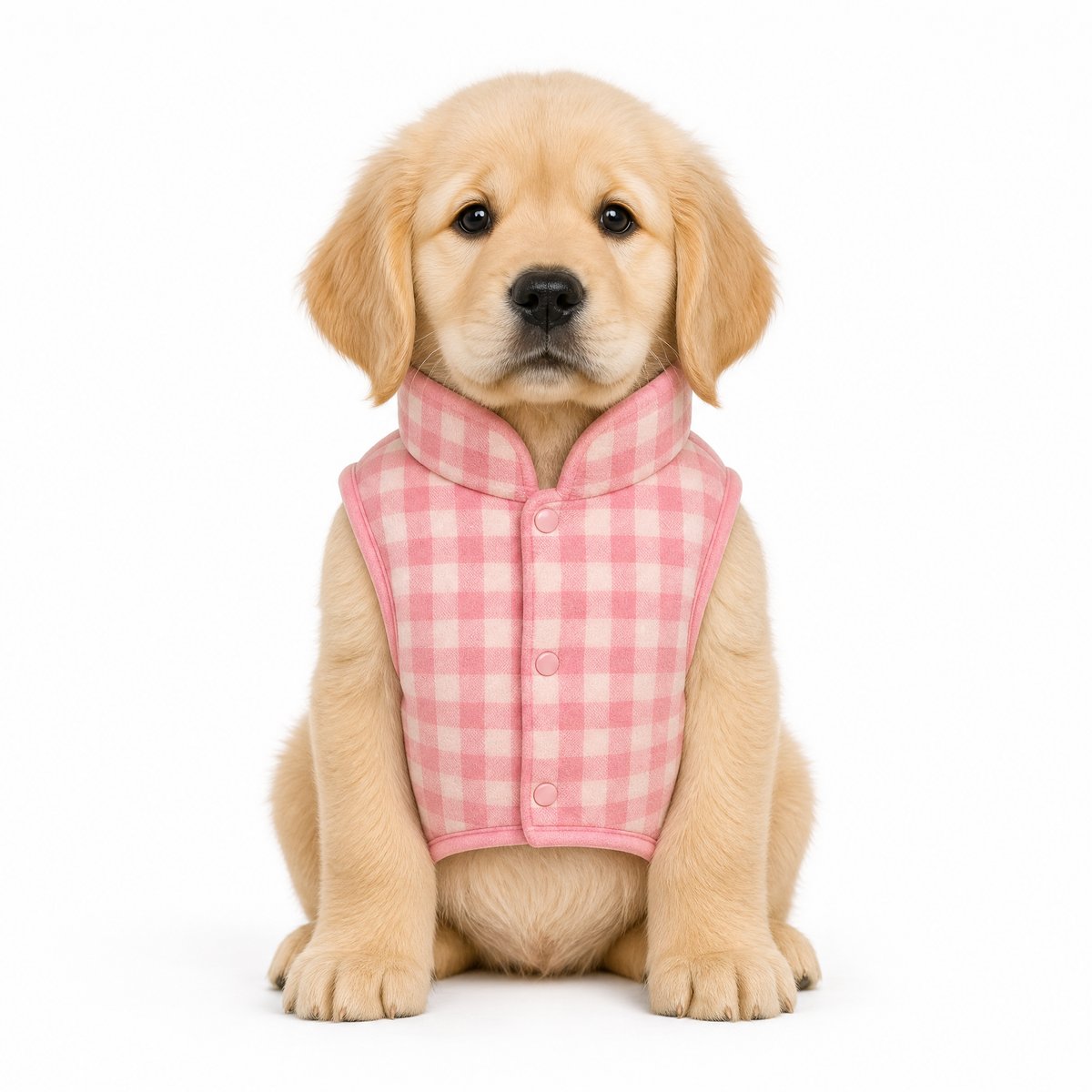 KI-generierter Golden-Retriever-Welpe mit rosa karierter Weste, Stehkragen und Druckknopfverschluss vor weißem Hintergrund