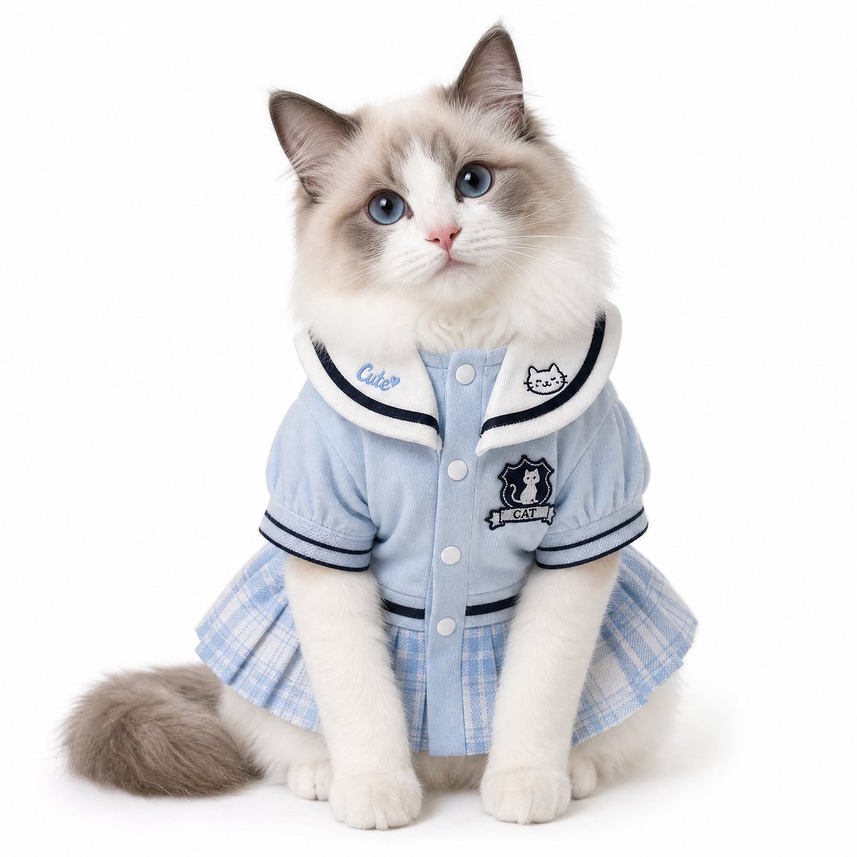 KI-generierte Ragdoll-Katze sitzt auf weißem Hintergrund und trägt ein blaues Matrosenkleid, Vorderansicht