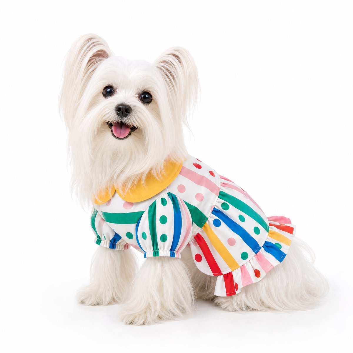 KI-generierter, weißer, langhaariger Yorkshire Terrier, der ein gestreiftes, gepunktetes Kleid mit gelbem Kragen und Rüschensaum vor weißem Hintergrund trägt