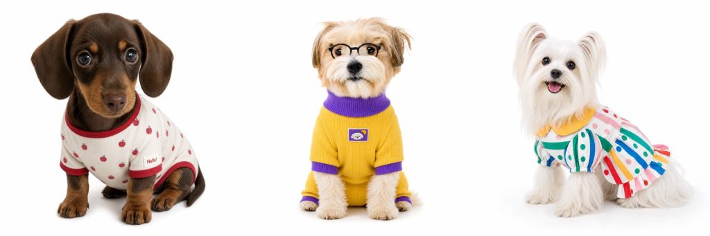 Um filhote de dachshund gerado por IA vestindo um macacão com estampa de maçã, um cachorrinho de óculos com um macacão amarelo e um yorkshire terrier com um vestido listrado de bolinhas, todos em fundos brancos.