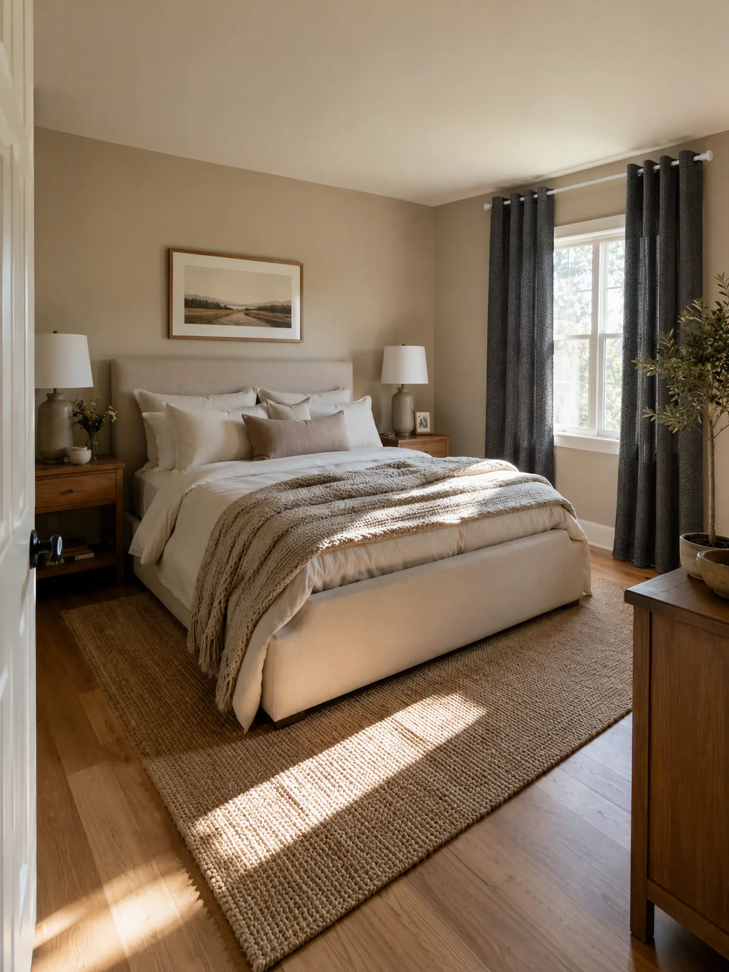 Black grommet curtains hanging in the fixed bedroom scene