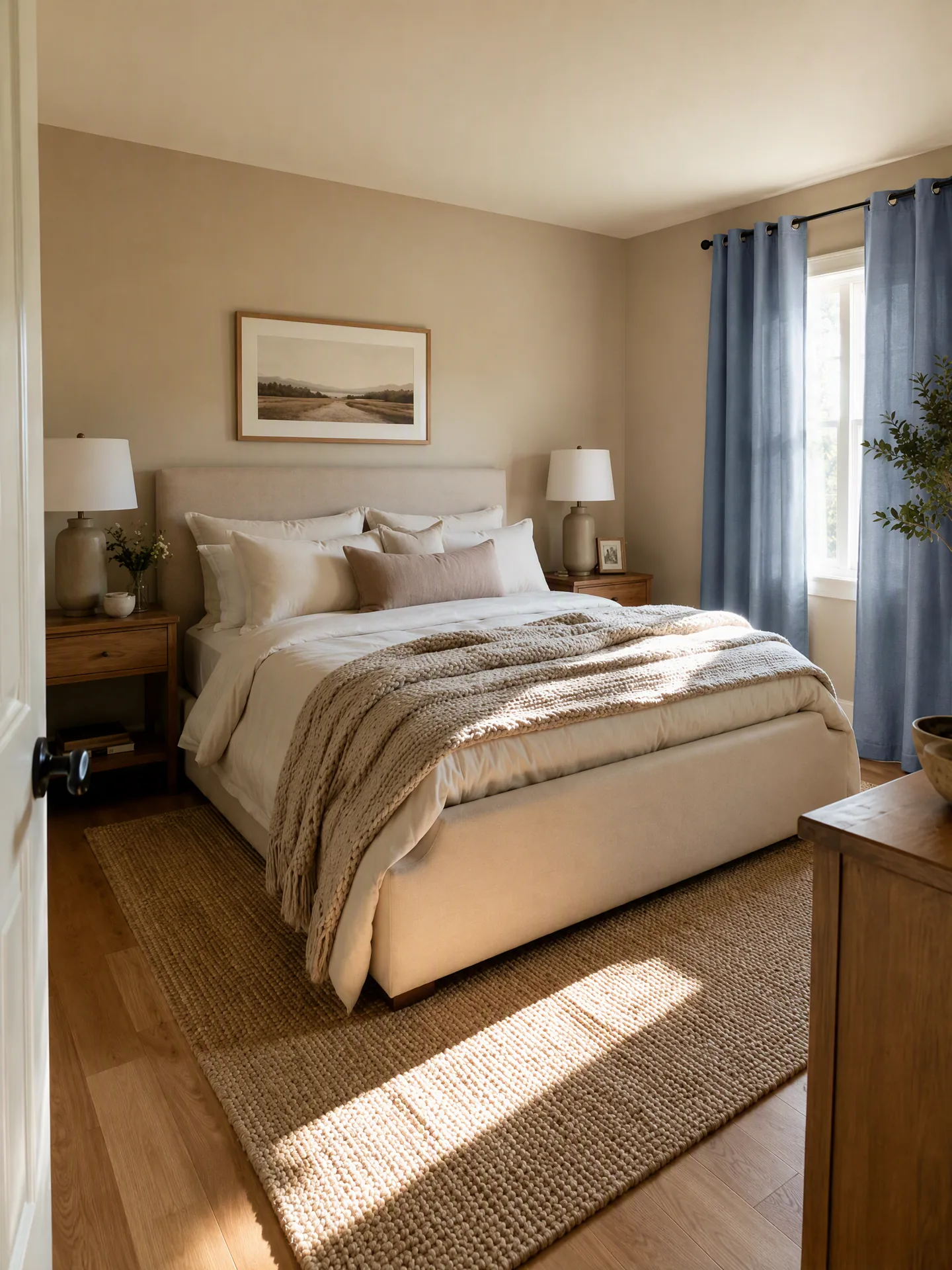 Blue grommet curtains hanging in the fixed bedroom scene