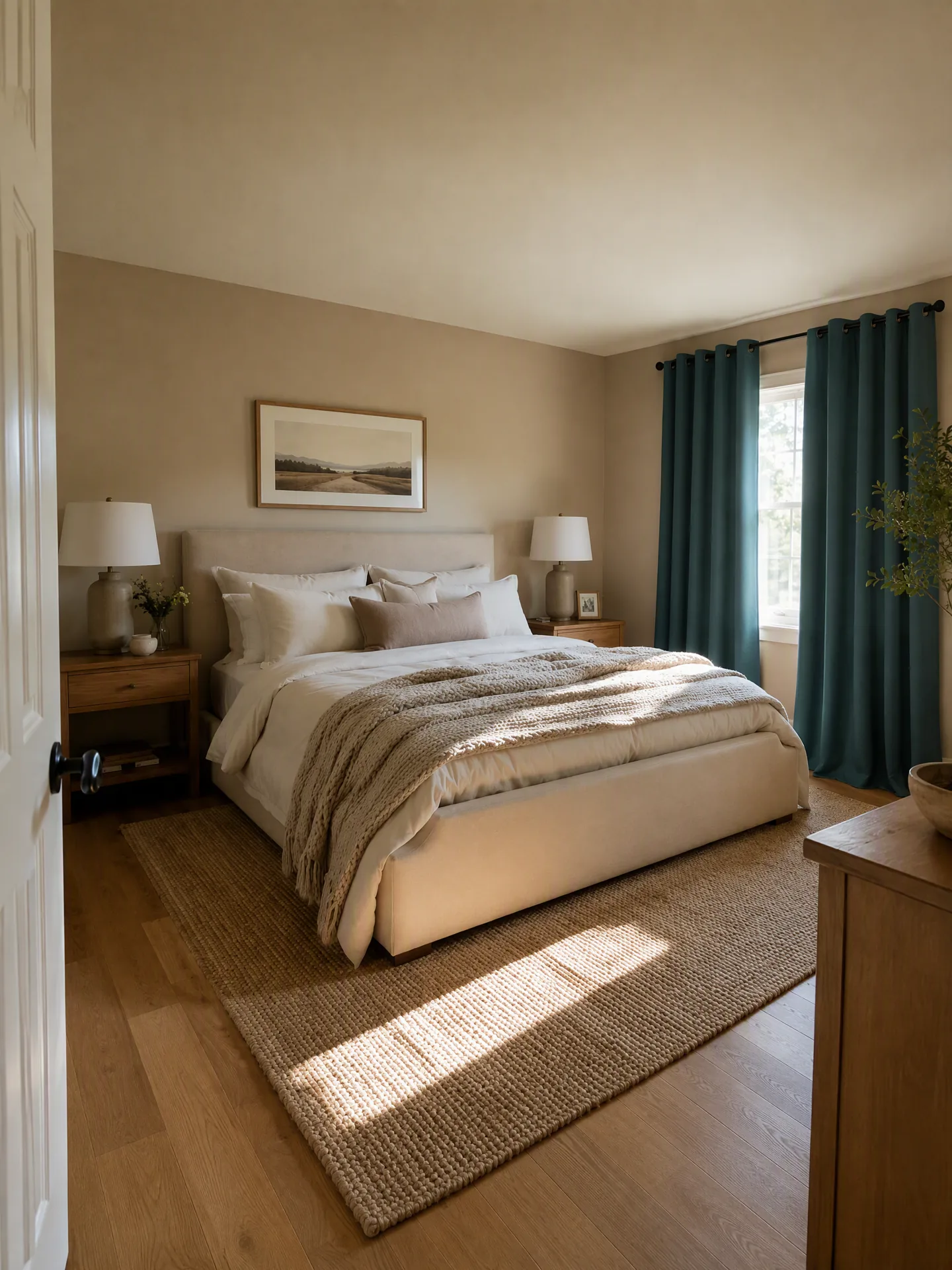 Teal grommet curtains hanging in the fixed bedroom scene