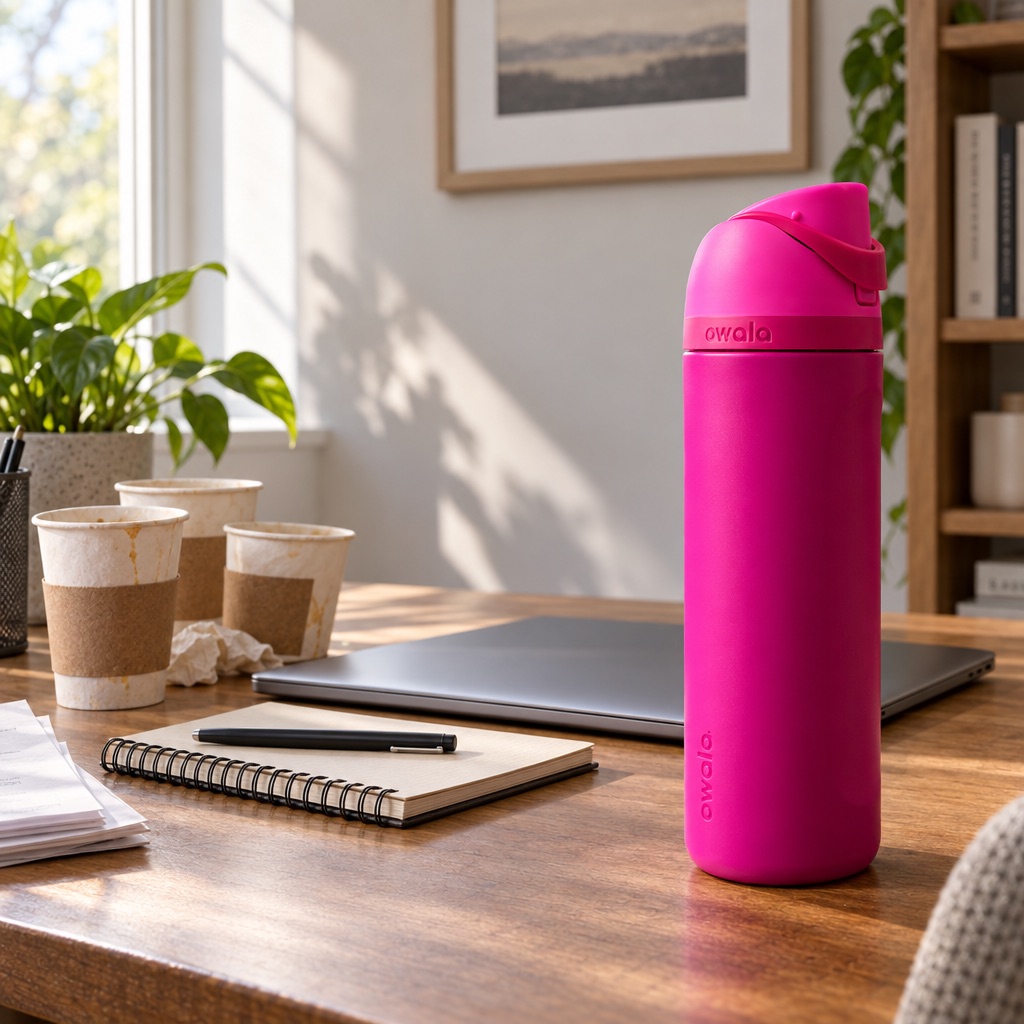 Hot-pink tumbler on a home-office desk beside three empty coffee cups