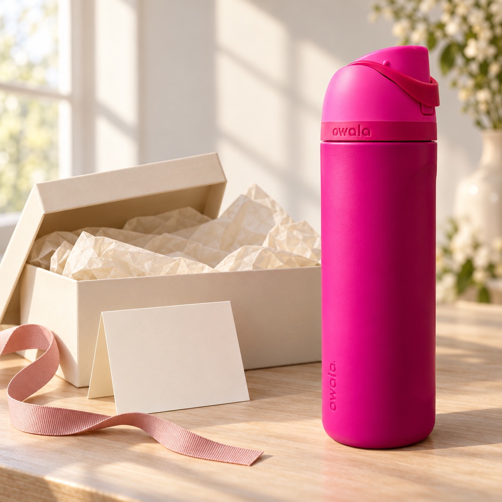 Hot-pink tumbler beside an open cream gift box, ribbon, and blank card