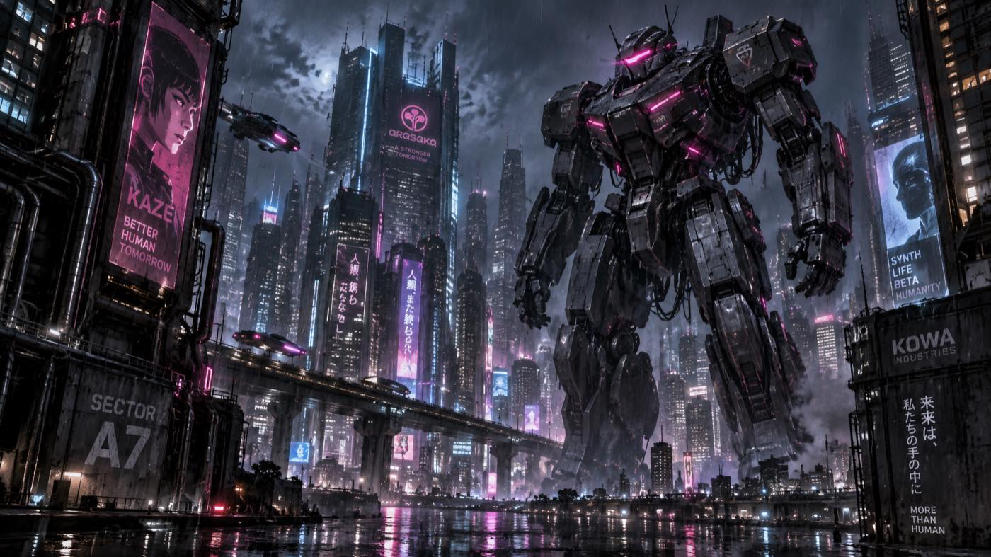 GPT-Bild 2.5 Sunburst-Basislinie, die einen riesigen Mech in einer regnerischen Neon-Cyberpunk-Stadt zeigt.