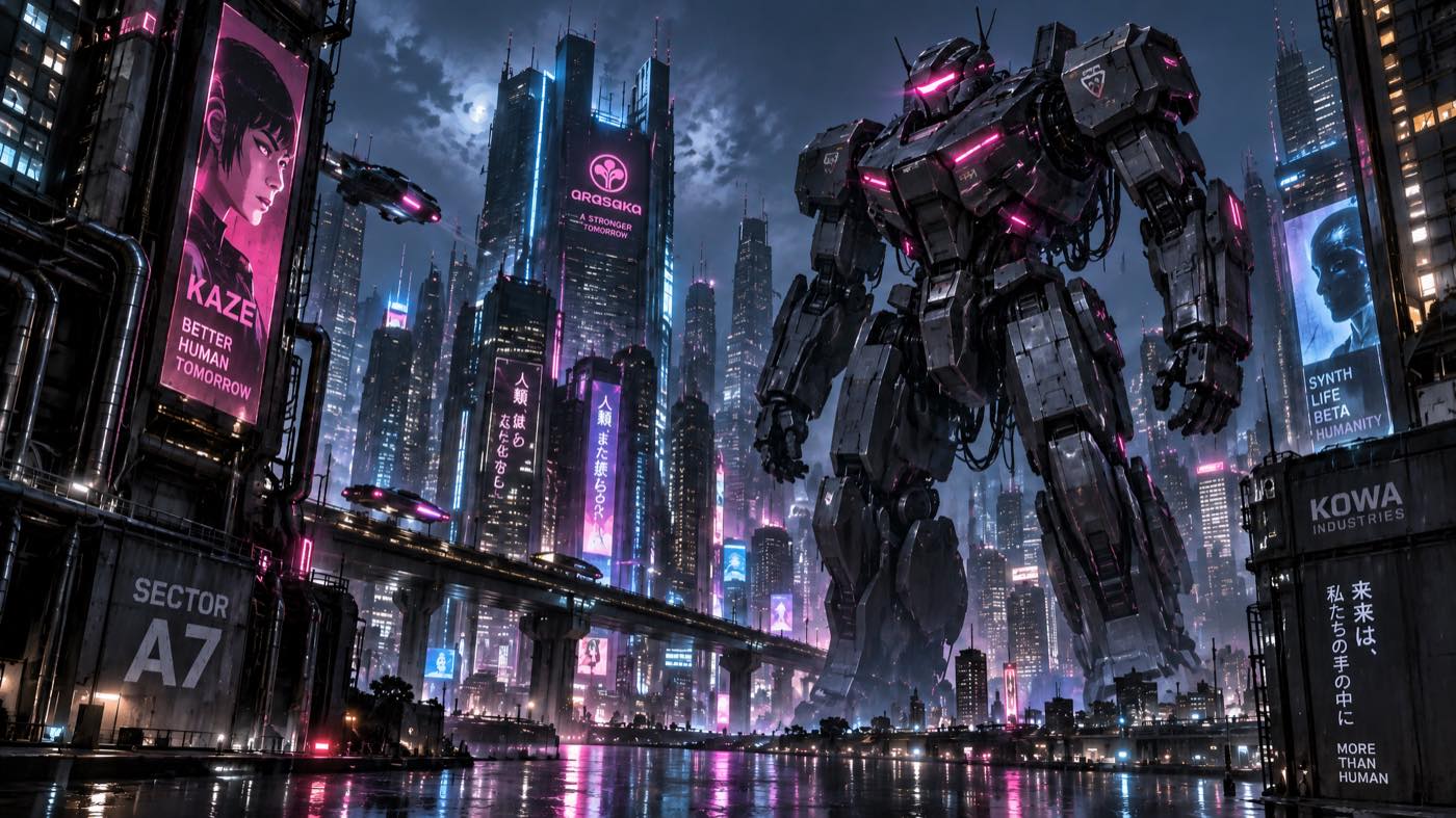 GPT-Bild 2.5: Rauscharmer Sunburst-Durchgang desselben Mechs und derselben Cyberpunk-Stadt
