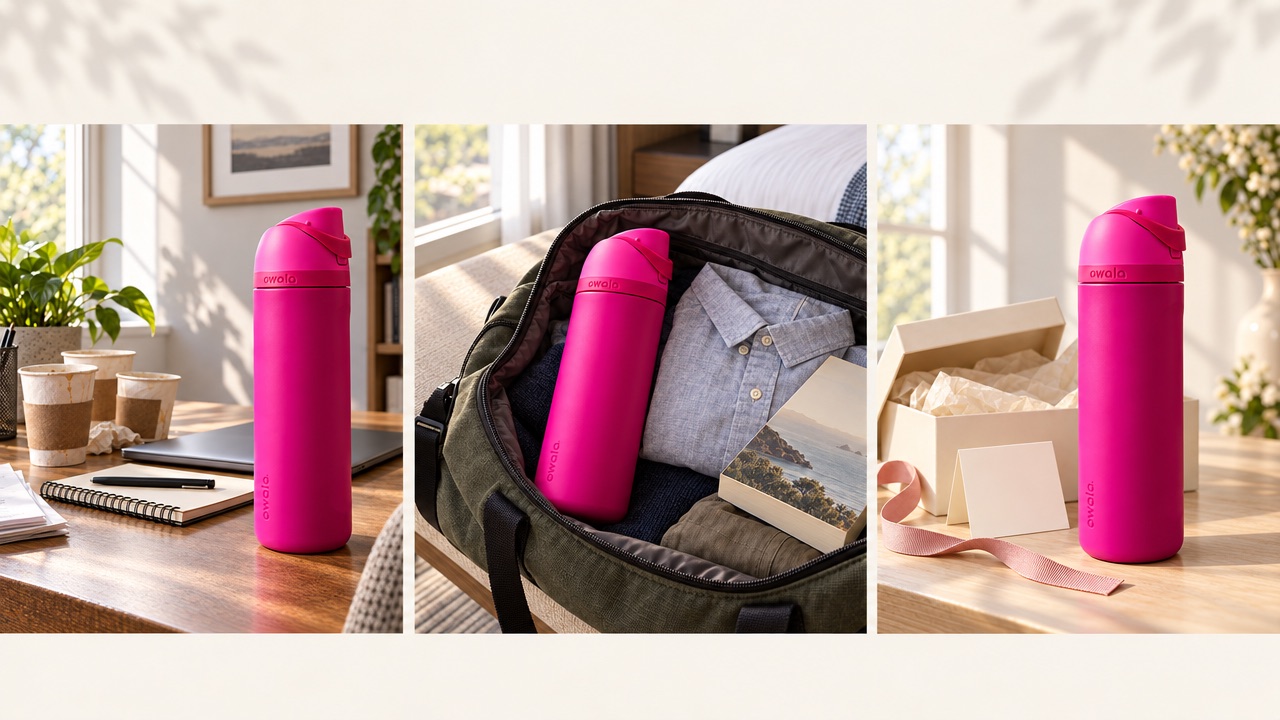 Hot-pink tumbler shown in home-office, travel, and gift campaign scenes