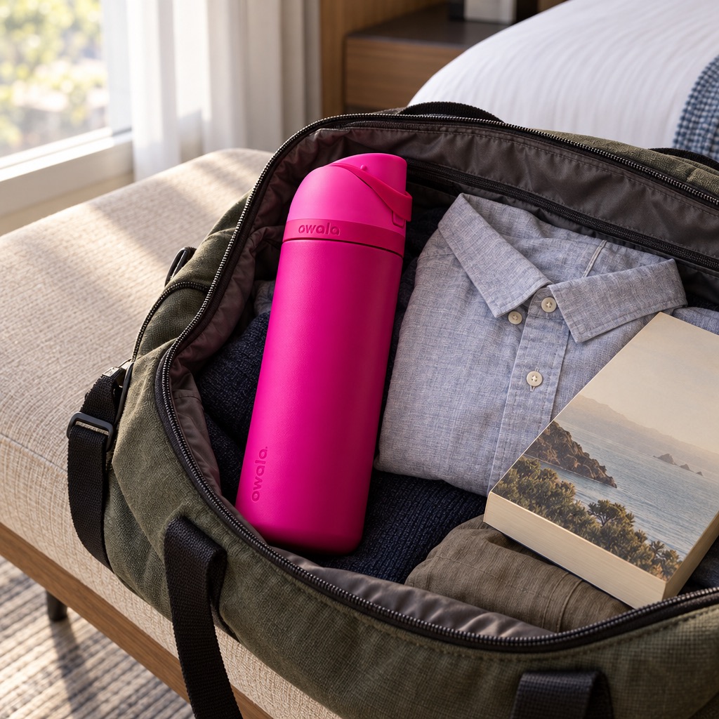 Hot-pink tumbler packed in an open weekend travel bag
