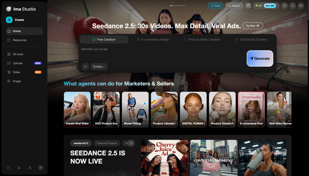 Ima Studio creation homepage with Seedance video tools and AI workflows for marketers and sellers