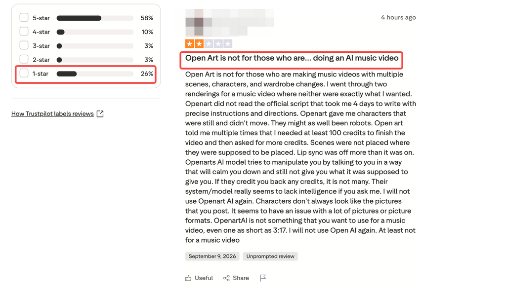 OpenArt Trustpilot rating distribution and a two-star review about an AI music video workflow