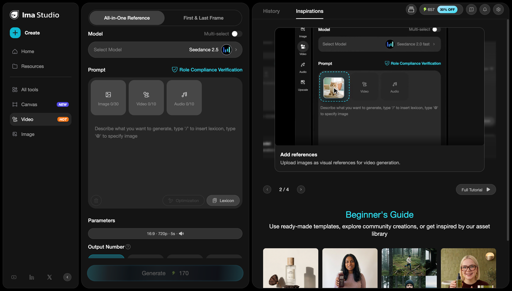 Ima Studio video creation interface with Seedance 2.5 model settings and the beginner guide