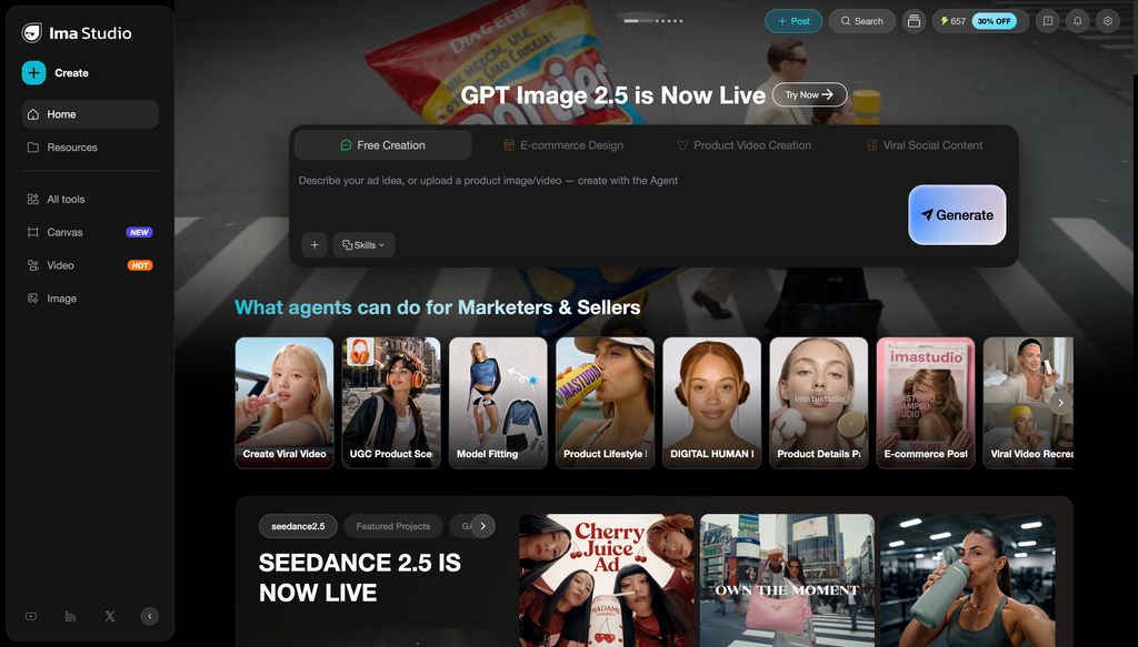 Ima Studio creation homepage featuring GPT Image 2.5 and AI workflows for marketers and sellers