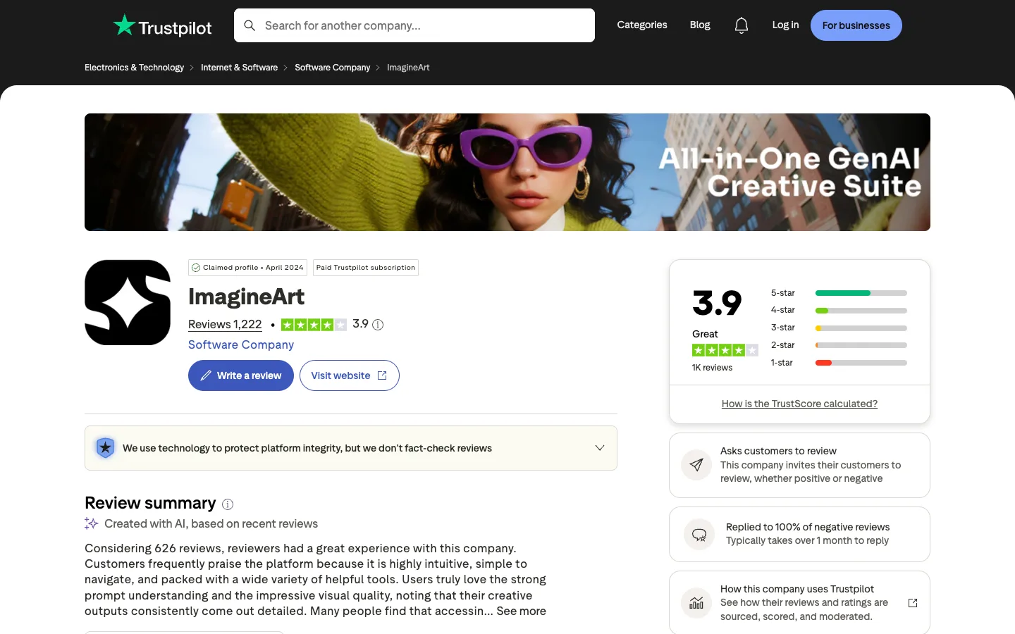 ImagineArt Trustpilot profile showing a 3.9 rating, 1,222 reviews, and review summary