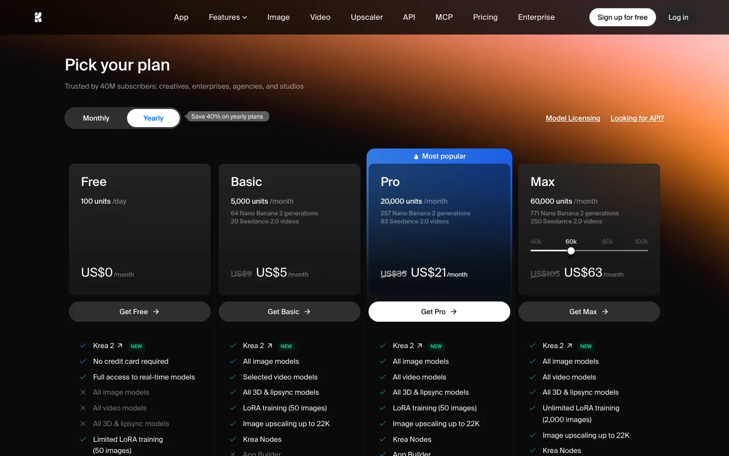 Krea AI yearly pricing showing Free, Basic, Pro, and Max plans