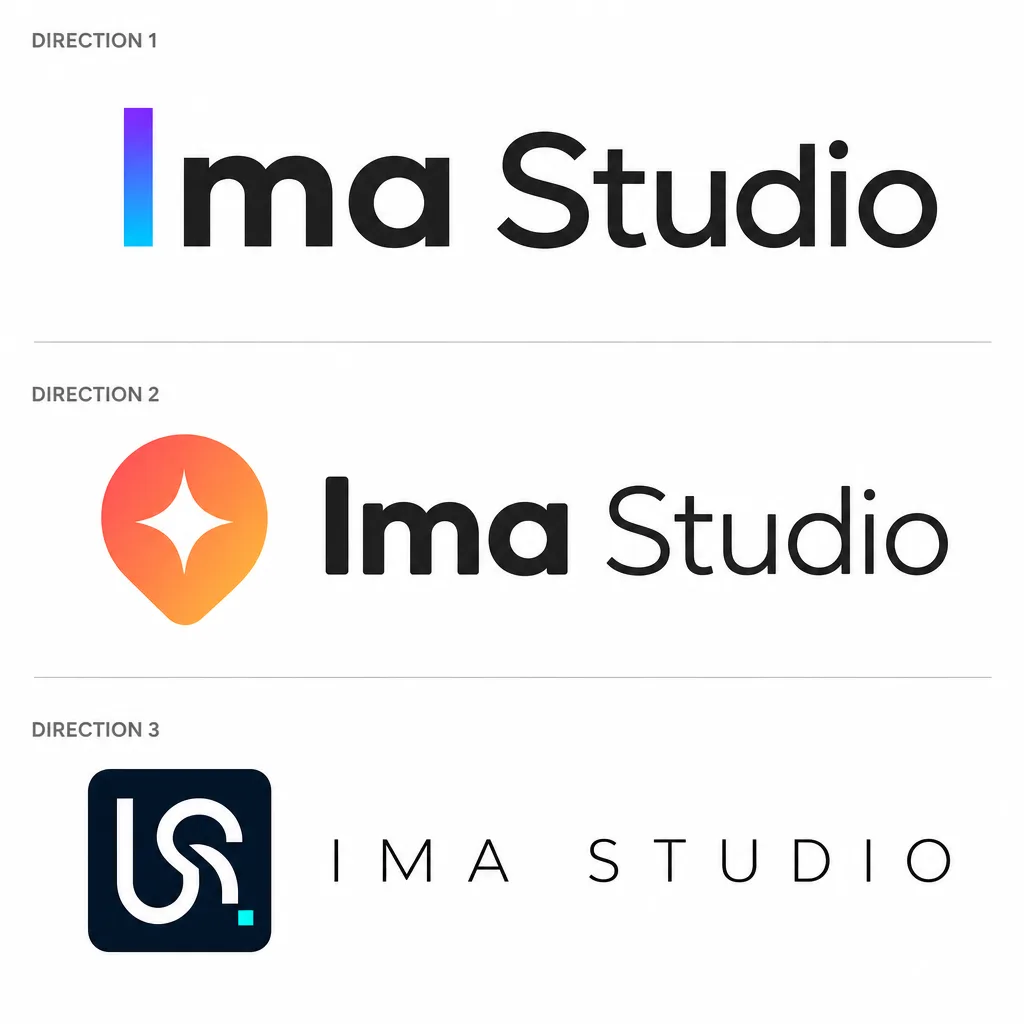 Three Logo Design concept directions for Ima Studio: geometric wordmark, character mark, and lettermark emblem
