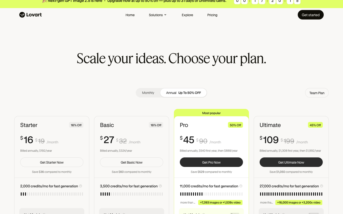 Lovart annual pricing showing Starter, Basic, Pro, and Ultimate plans