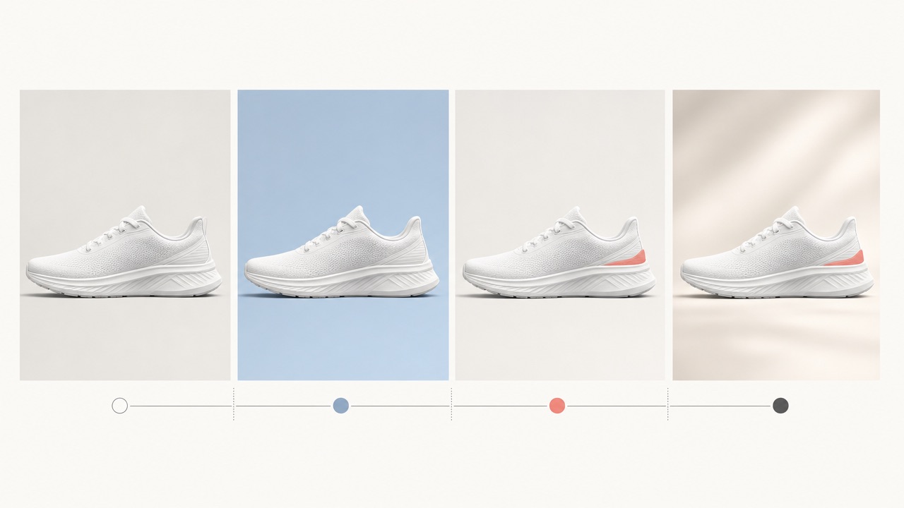 Four product-shoe versions showing sequential background, heel-color, and lighting changes