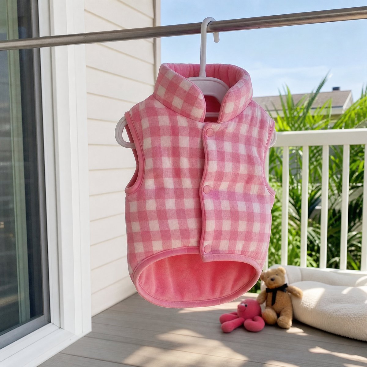 Eine rosa karierte Fleece-Hundeweste mit Druckknöpfen hängt draußen auf einem sonnigen Balkon an einem weißen Kleiderbügel.