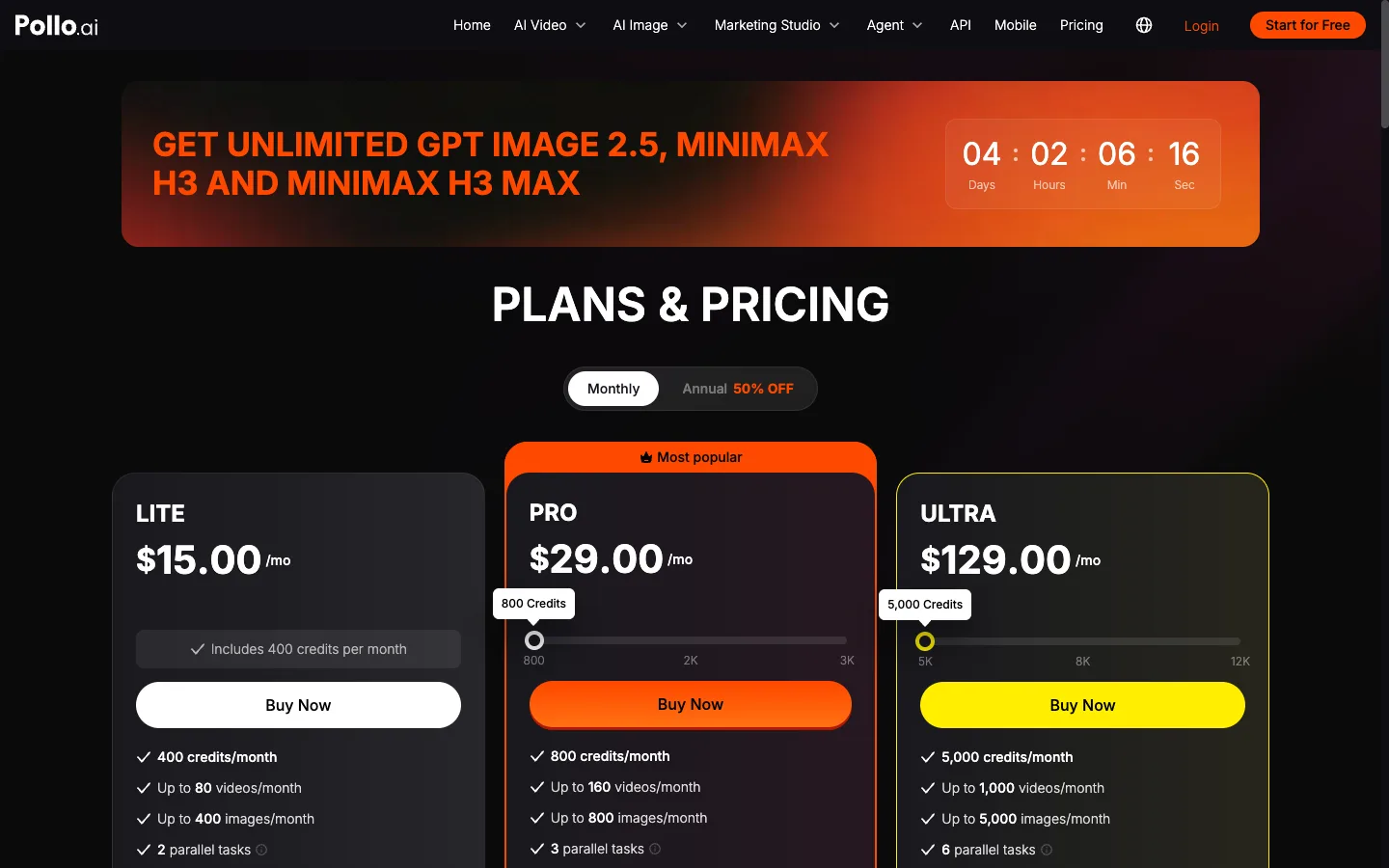 Pollo AI monthly Lite, Pro, and Ultra plans with prices, credits, and output estimates