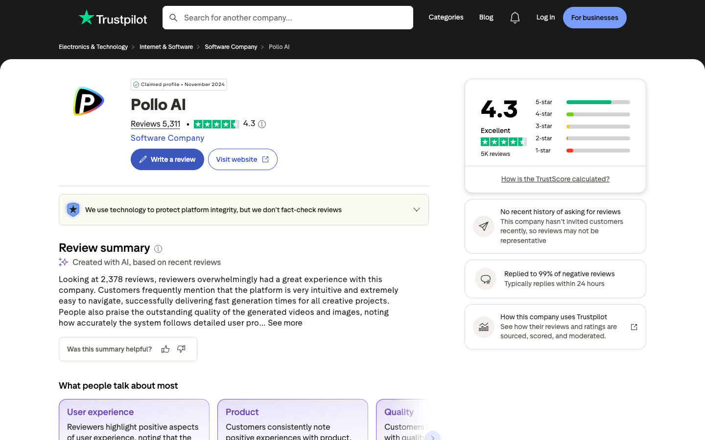 Pollo AI Trustpilot profile showing a 4.3 rating, 5,311 reviews, and response information