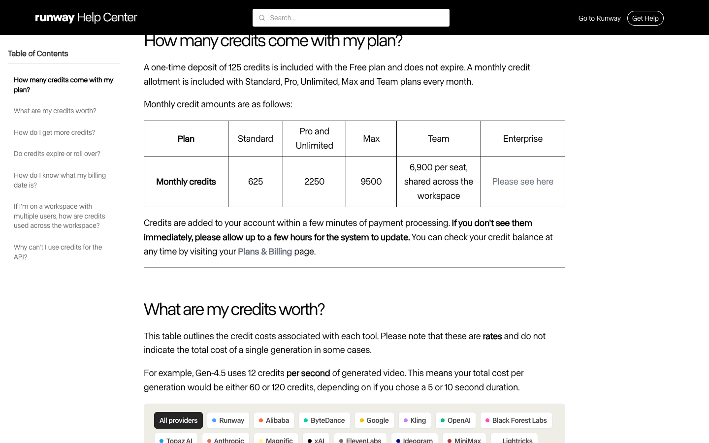 Runway official credit guide showing monthly plan credits and Gen-4.5 credits per second