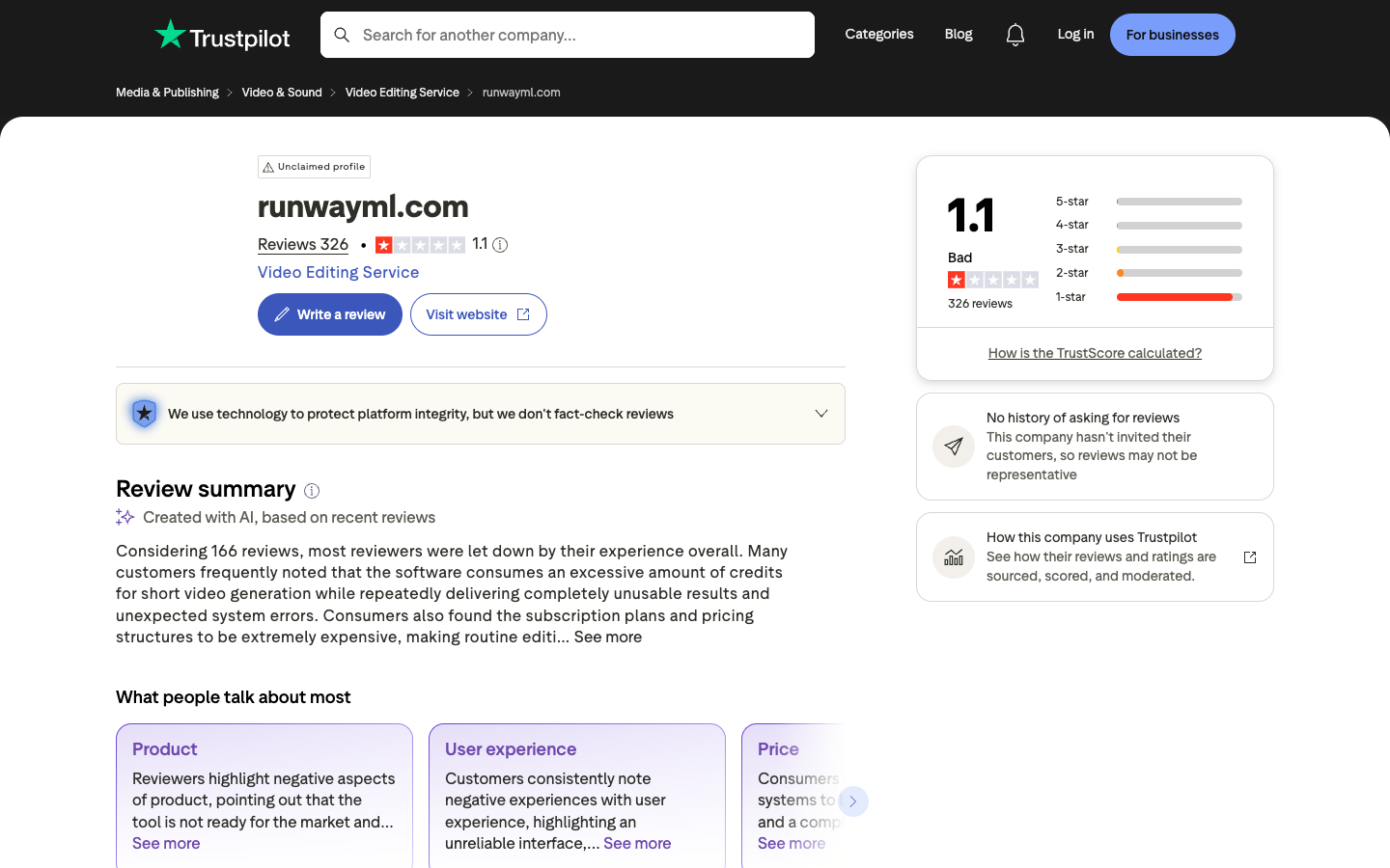 RunwayML Trustpilot profile showing a 1.1 rating, 326 reviews, and the sample representation notice