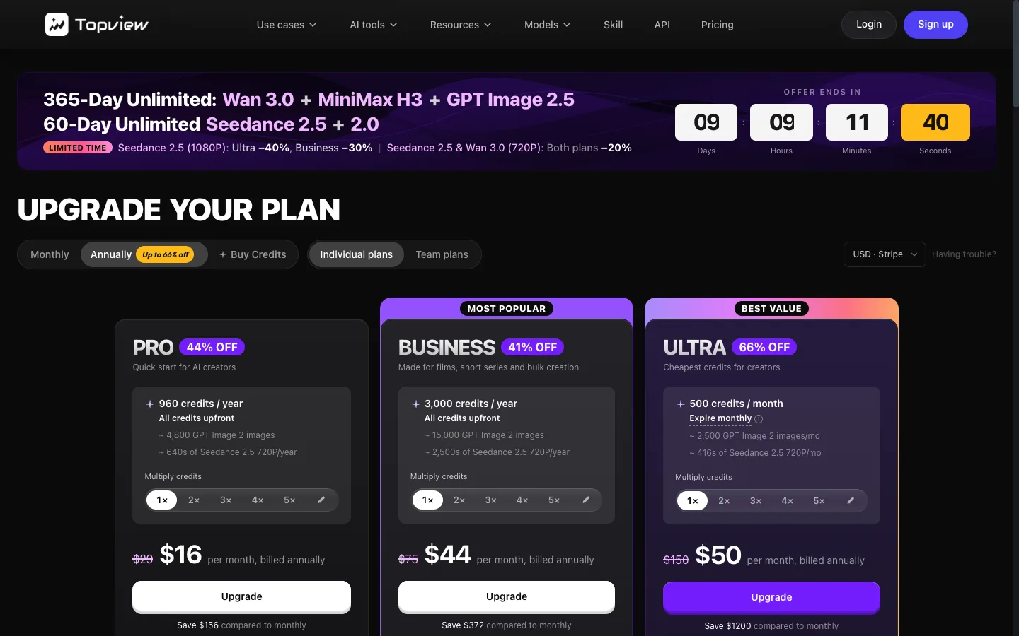 TopView AI annual pricing for Pro, Business, and Ultra plans
