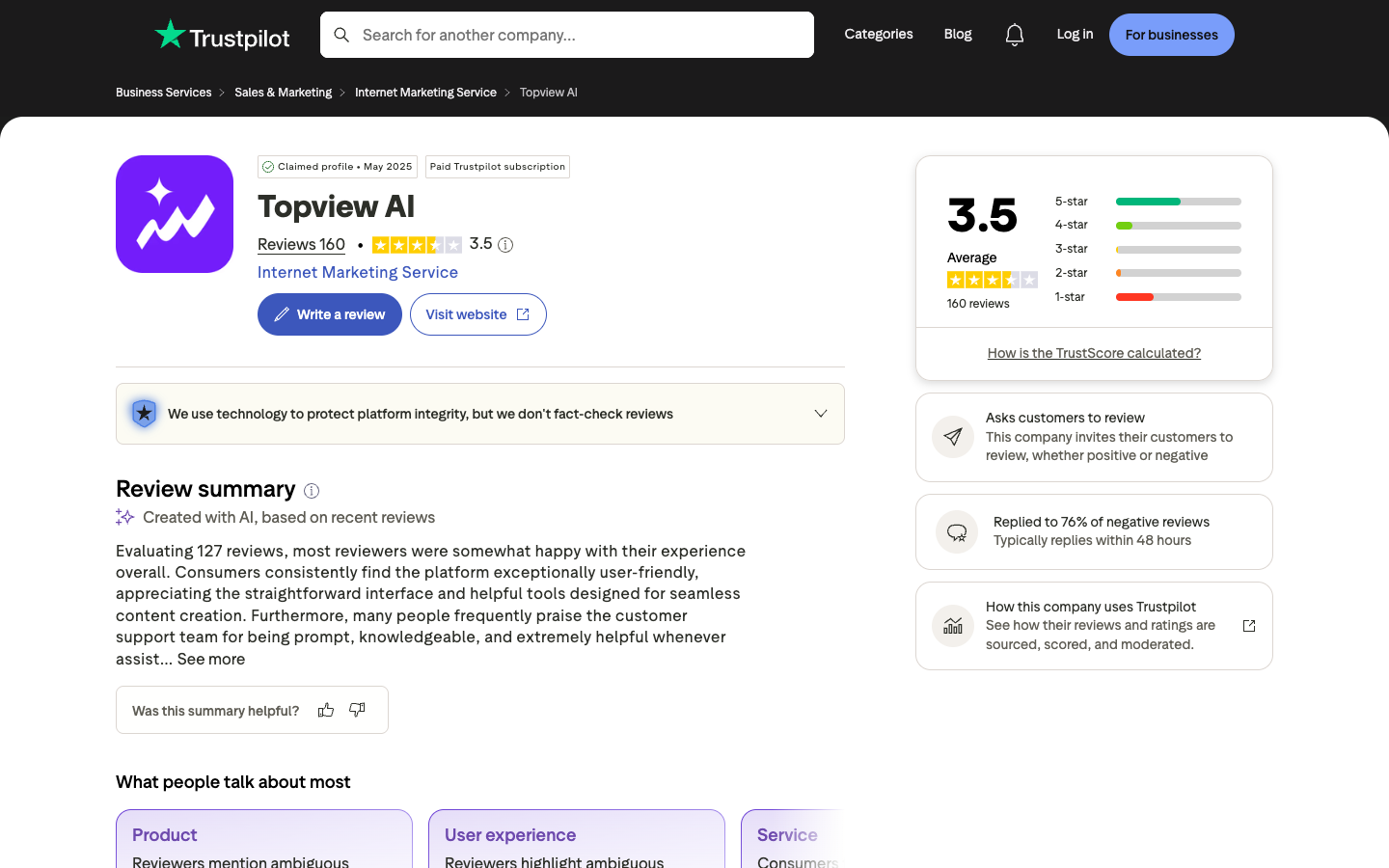 TopView AI Trustpilot page showing a 3.5 rating and review summary
