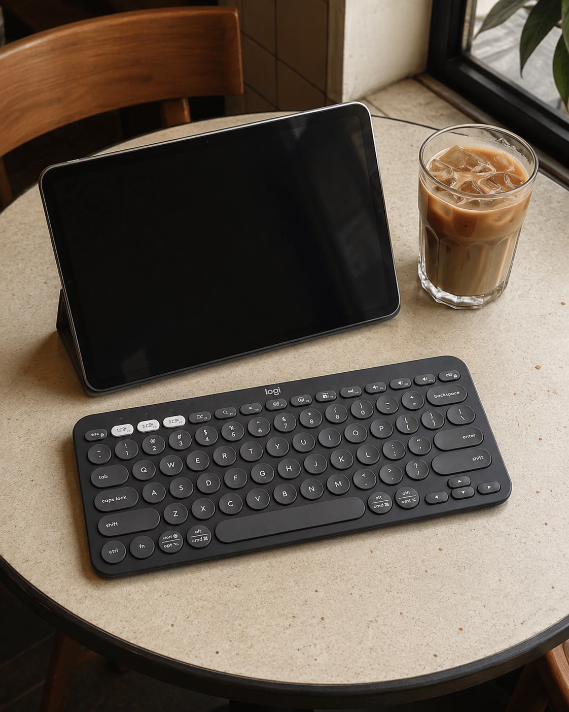 Logitech Pebble Keys keyboard on a cafe table in a UGC-style product scene