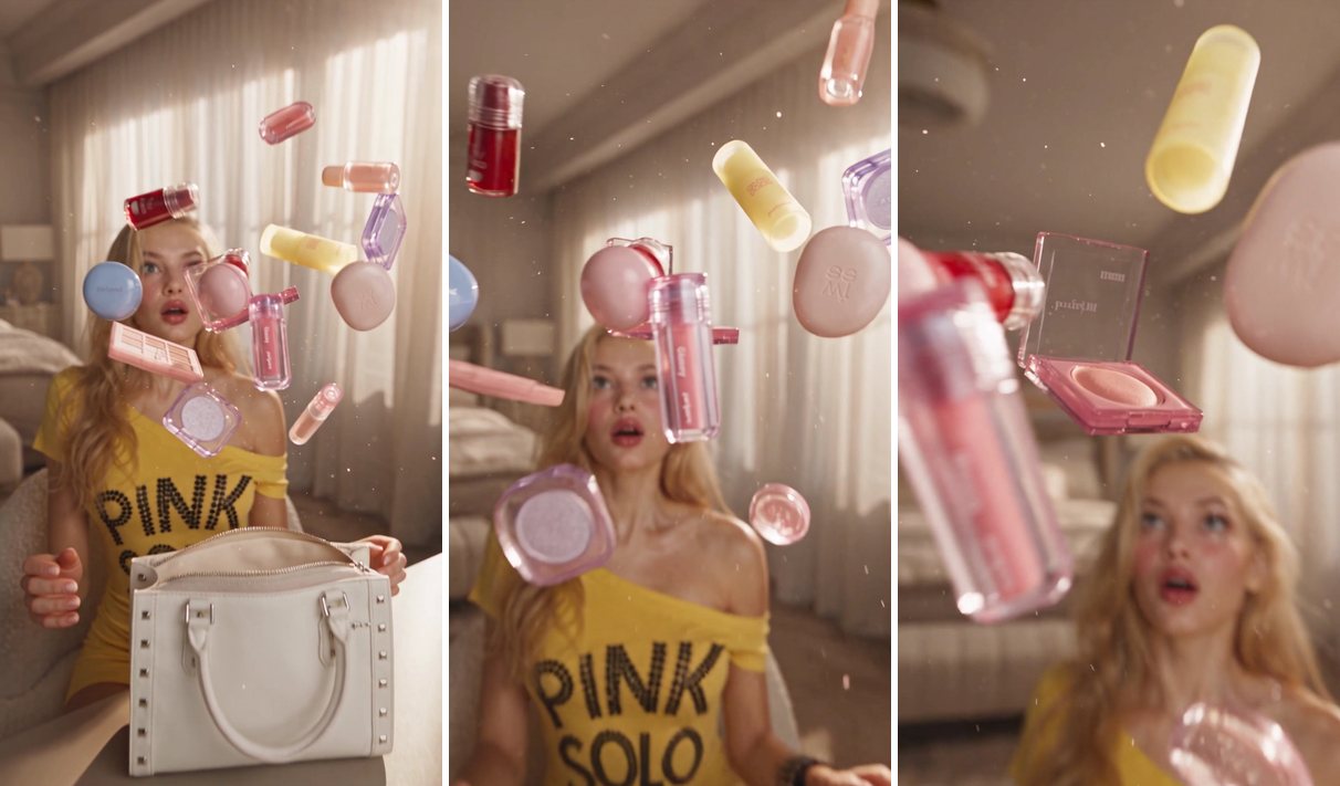Three frames of makeup products tumbling through the air as the camera rises between them