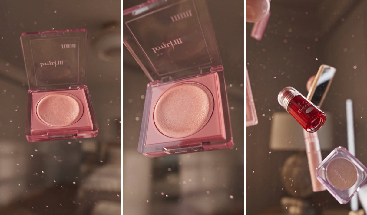 Three close frames of a blush compact and lip tints suspended in the air with fine particles in the light