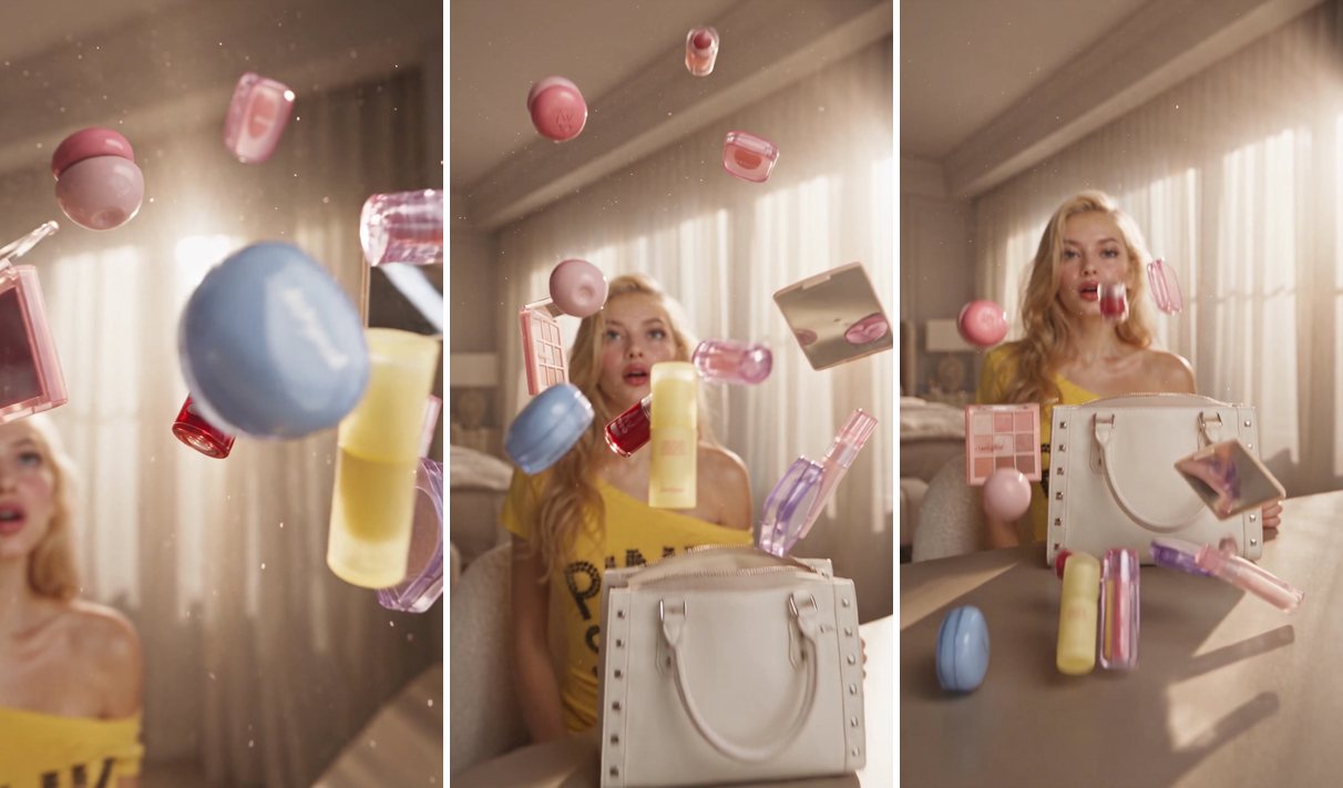 Three frames of makeup products falling back toward a table while the camera lowers with them