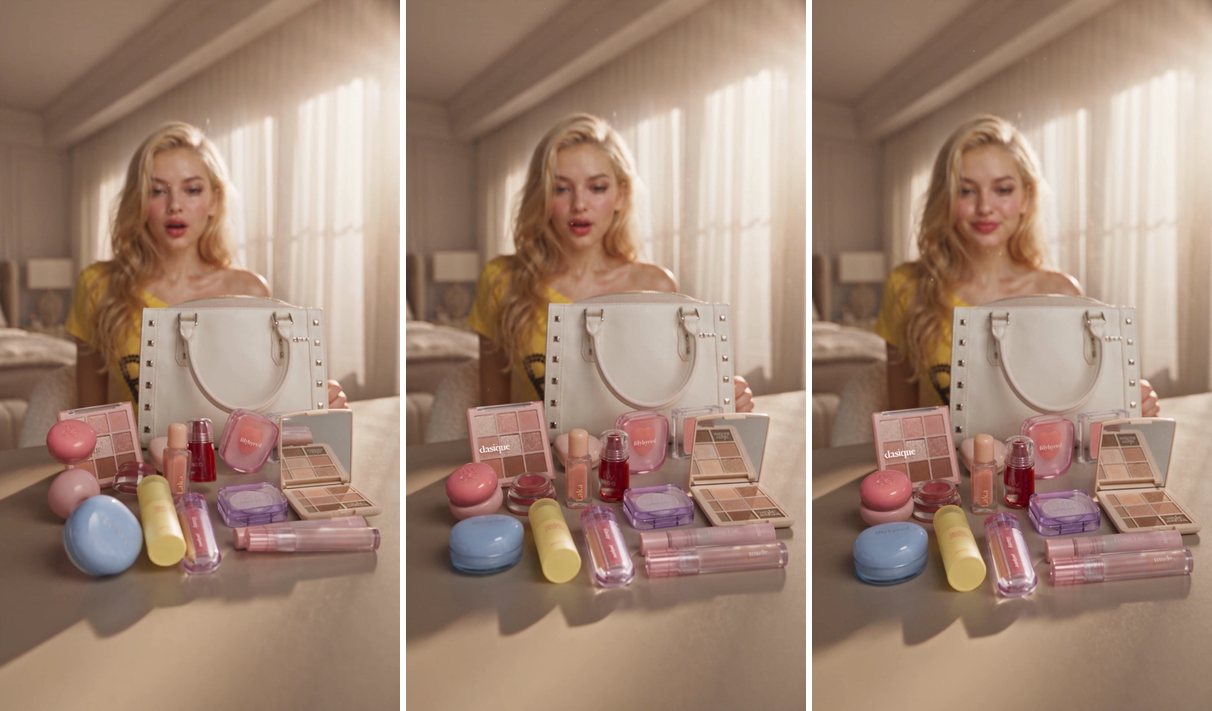 Three frames of makeup products settled on a table in front of a smiling woman and an open handbag