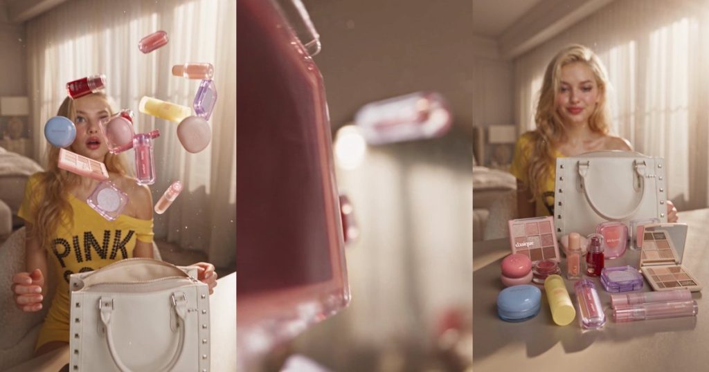 Three frames from an AI bullet time product video showing products bursting out of a bag, hanging in mid-air, and landing on a table