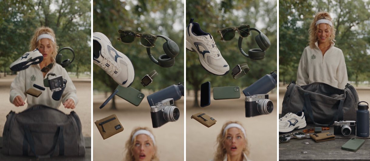 Four frames of the outdoor gear video: gear bursting from a sports bag, hanging in the air, falling, and resting on a picnic bench