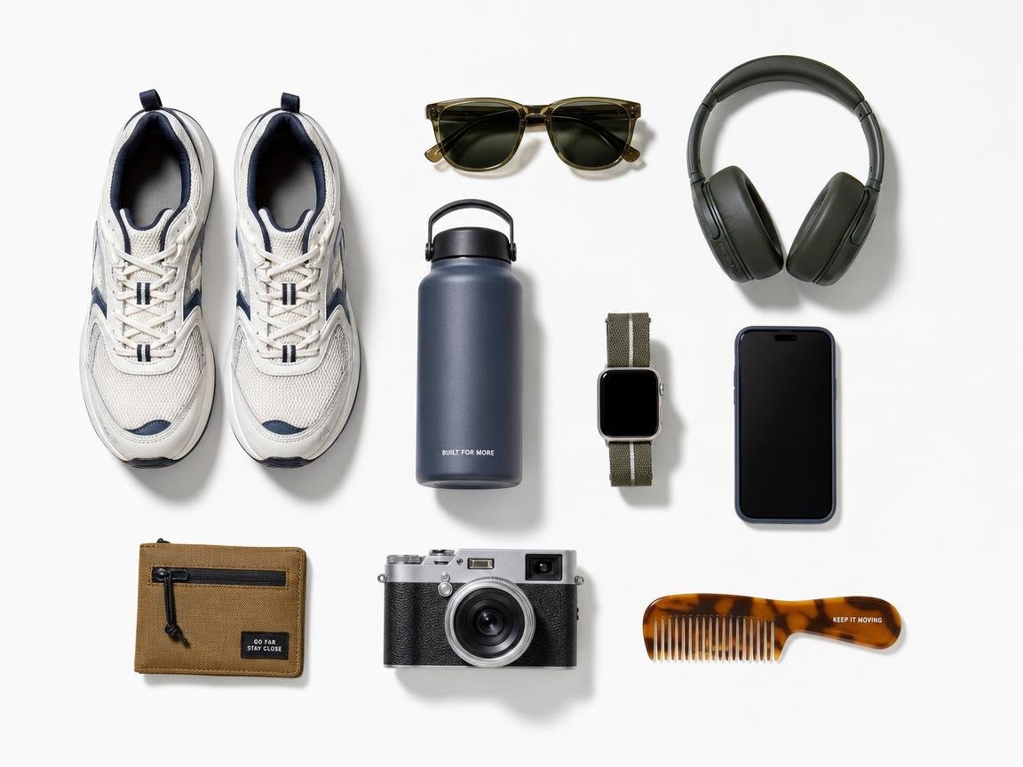 AI-generated flat-lay reference photo of sneakers, sunglasses, headphones, a water bottle, a smartwatch, a phone, a wallet, a camera and a comb