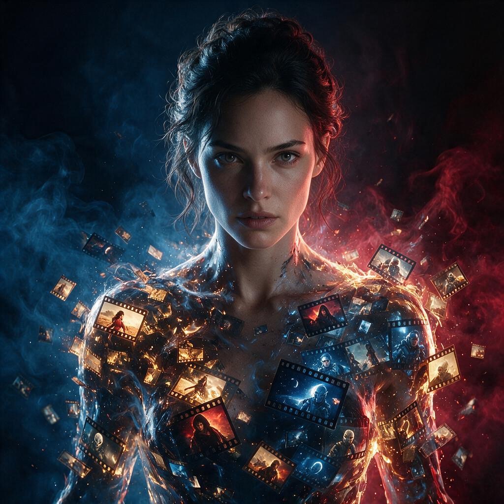 Female character surrounded by cinematic film frames in blue and red light