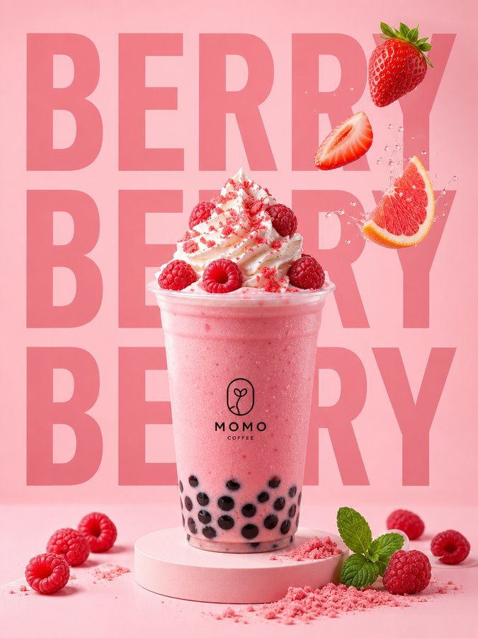 AI-generated product image of a pink berry bubble tea topped with whipped cream and raspberries on a pink background