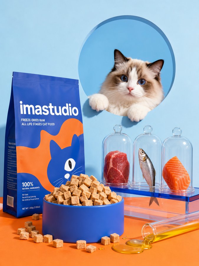 AI-generated product image of a blue and orange cat food pouch with kibble, raw meat and a ragdoll cat looking out of a round window