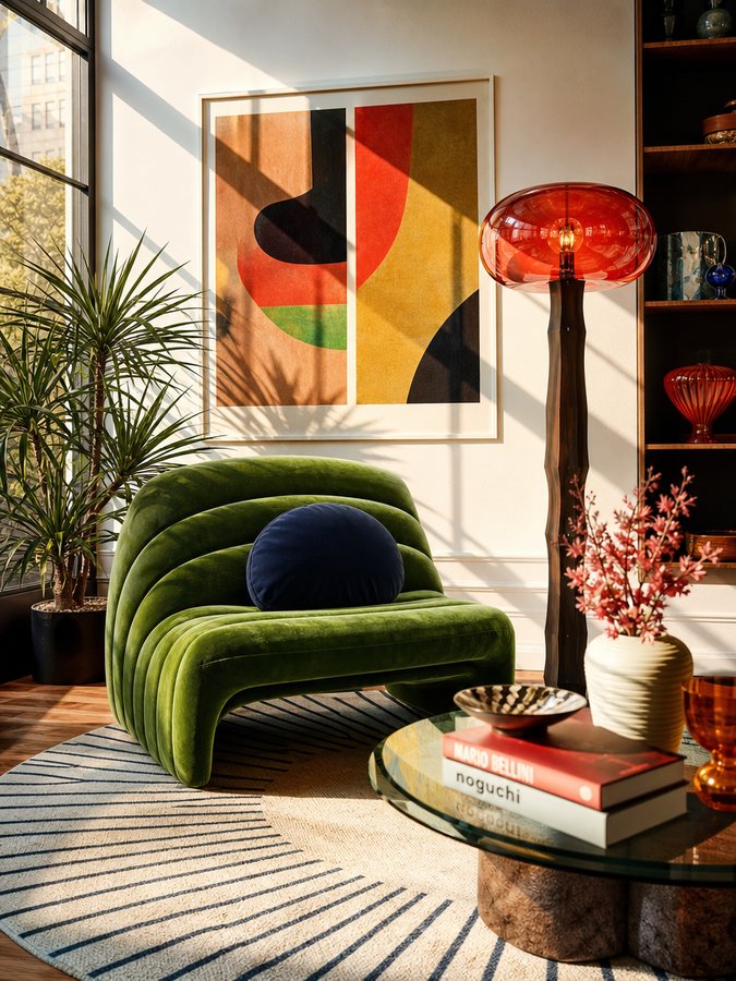 AI-generated product image of a green velvet lounge chair in a bright mid-century living room