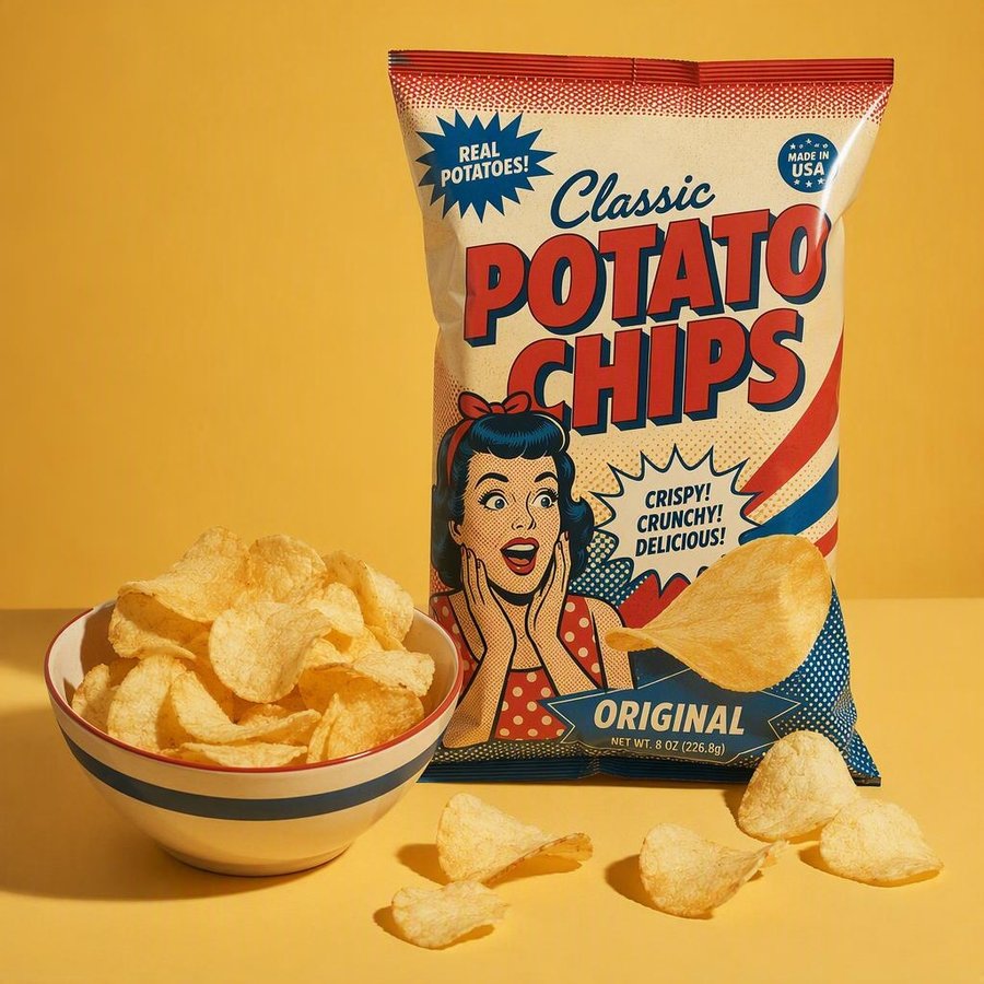 AI-generated product image of a retro pop-art bag of potato chips next to a bowl of chips on a yellow background