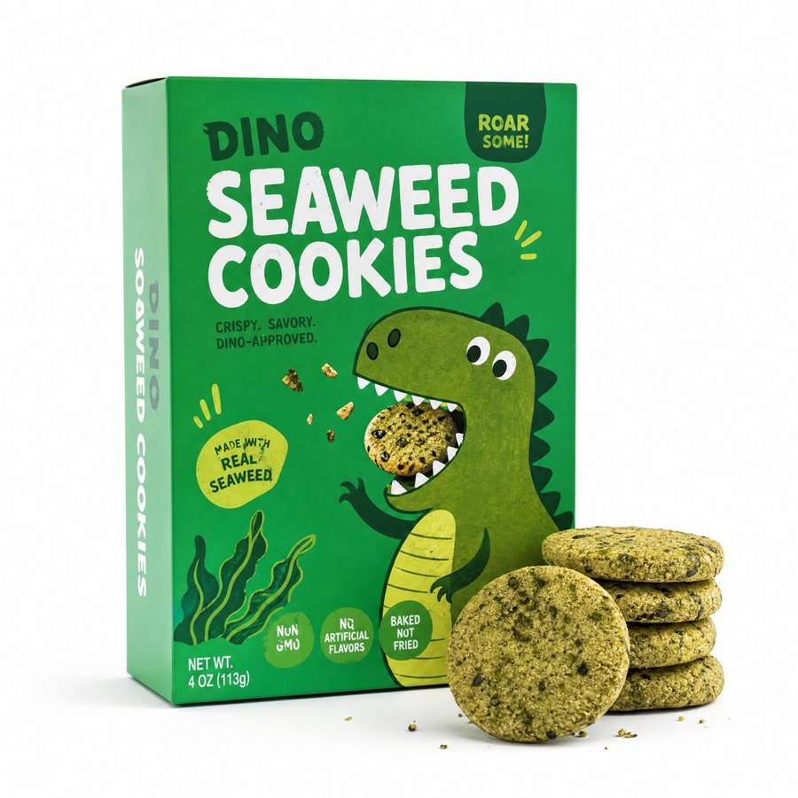 AI-generated product image of a green dinosaur-themed seaweed cookie box with a stack of cookies