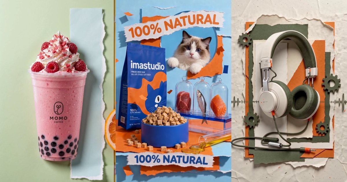 Three frames from AI collage animations: a berry drink, a cat food pouch and headphones on torn paper backgrounds