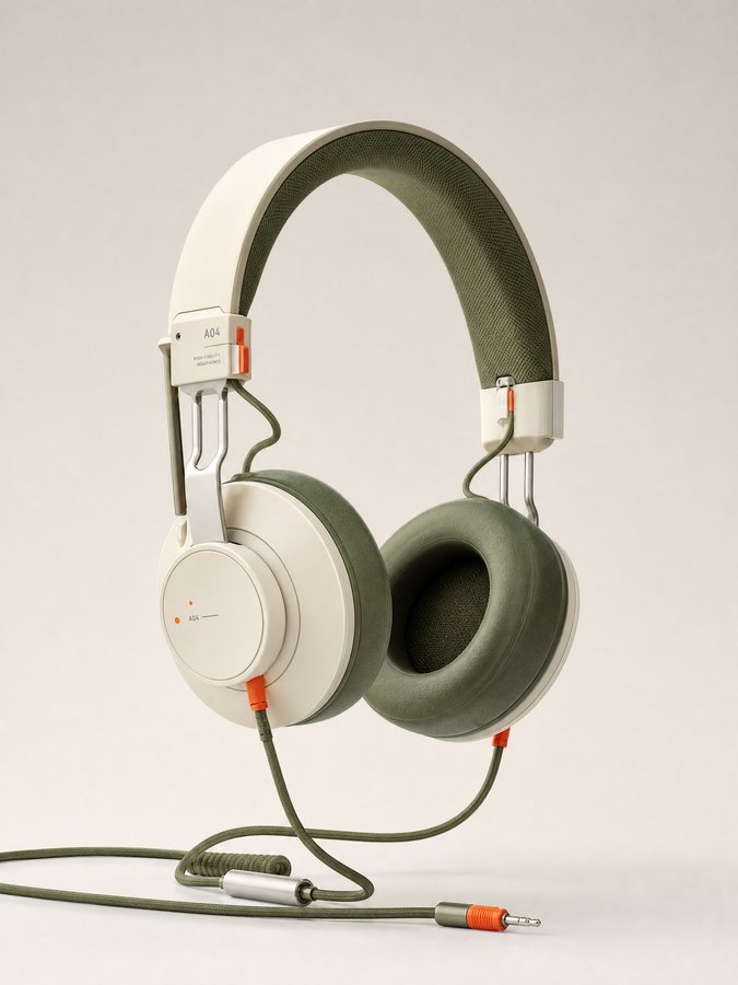 AI-generated product image of cream and olive over-ear wired headphones on a plain background